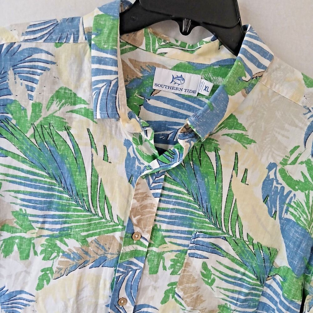 Southern Tide Shirt Linen Blend Mens XL Hawaiian Aloha Ocean Blue Vacation #887